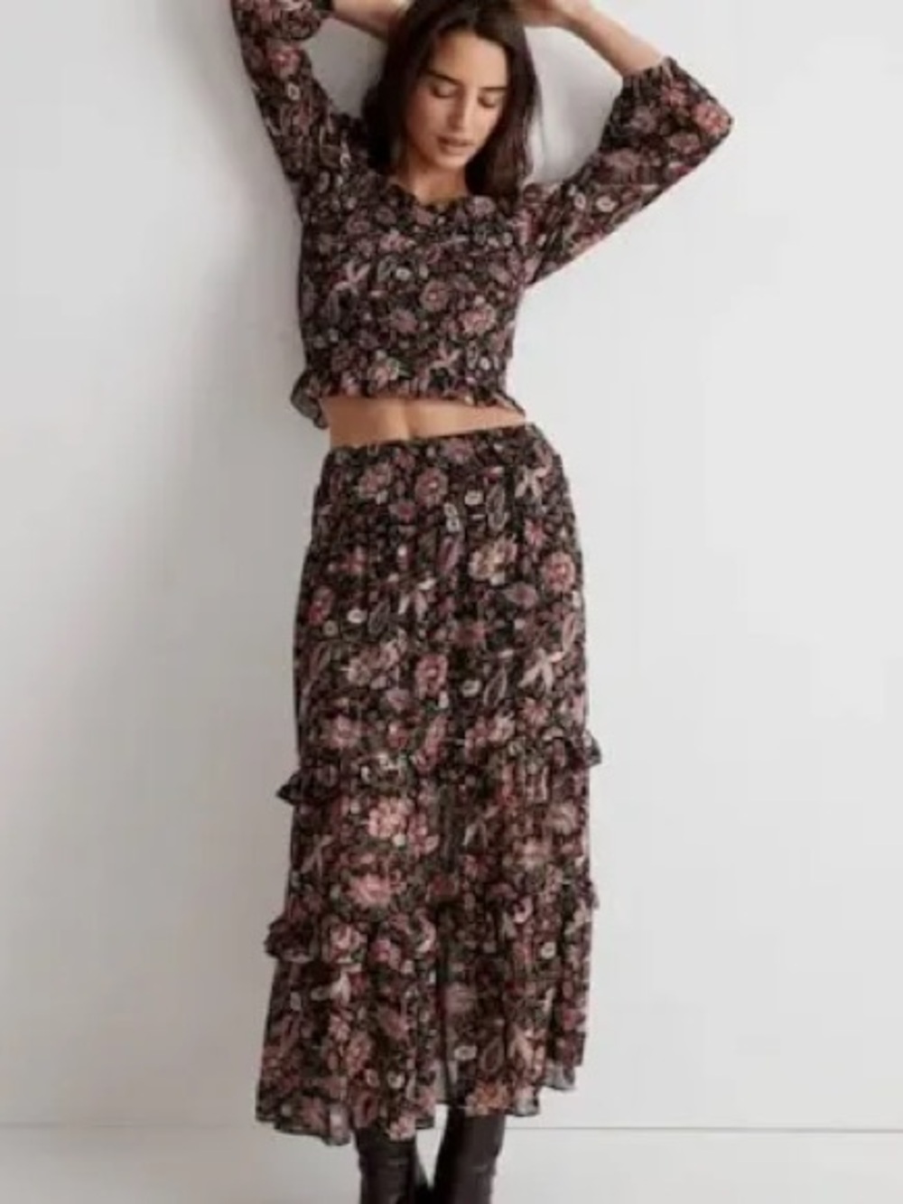 Madewell Black Maxi Skirt with Pink Floral Print